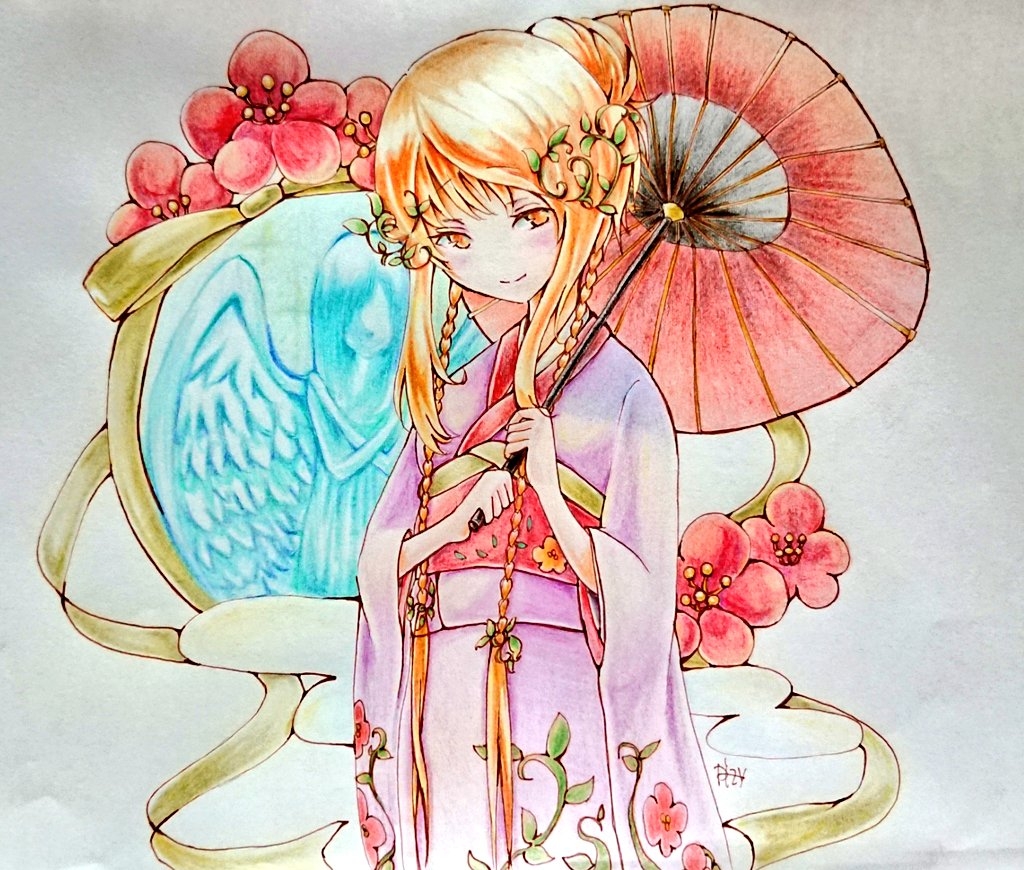 1girl, aigis_(sennen_sensou_aigis), blonde_hair, brown_eyes, colored_pencil_(medium), floral_print, flower, hair_bun, hrpkrizy, japanese_clothes, kimono, long_hair, looking_at_viewer, nengajou, new_year, over_shoulder, parasol, sennen_sensou_aigis, smile, solo, standing, traditional_media, umbrella