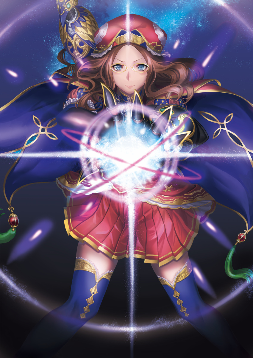 1girl, blue_eyes, blue_legwear, brown_hair, cape, energy, fate/grand_order, fate_(series)