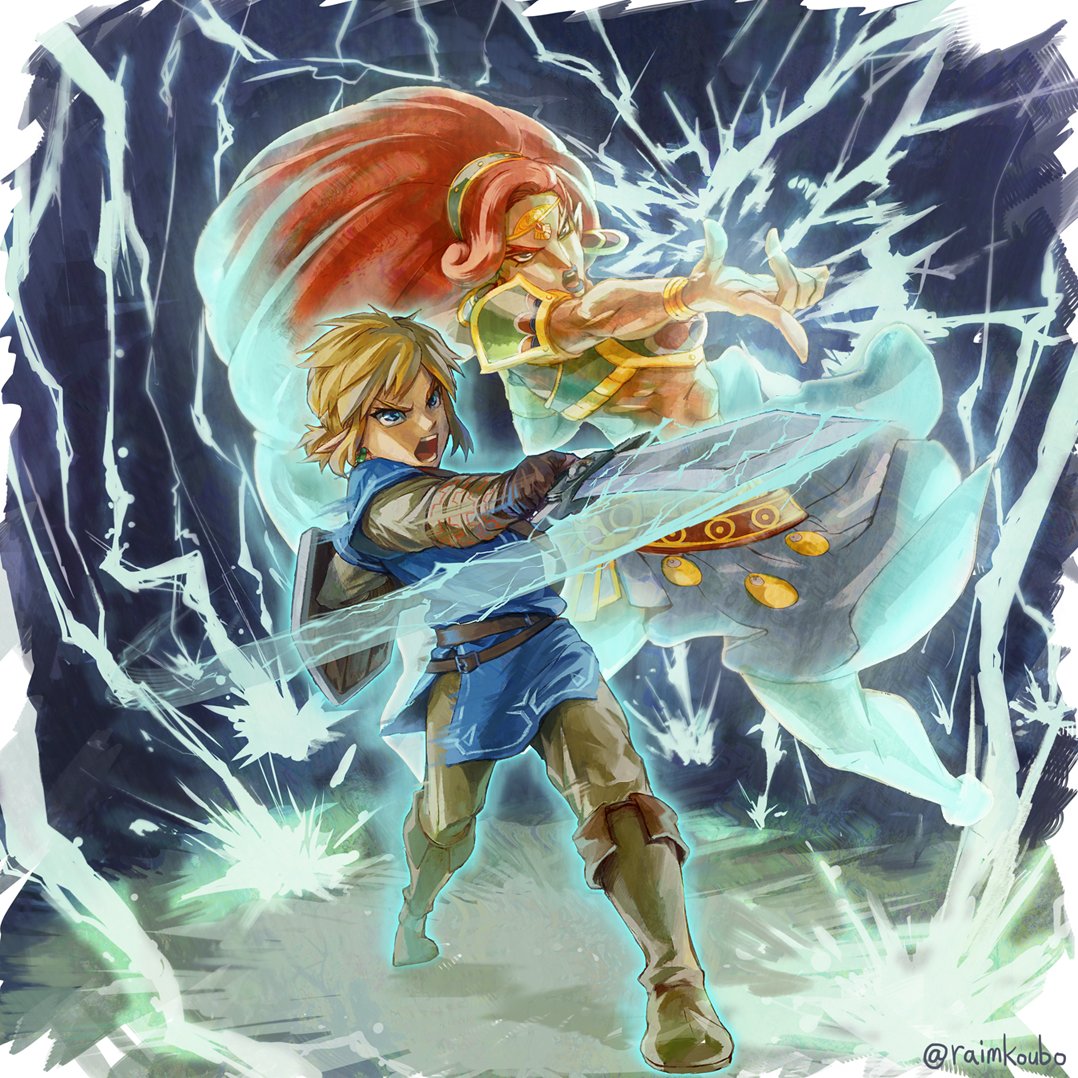 1boy, 1girl, artist_request, big_hair, blonde_hair, dark_skin, earrings, gerudo
