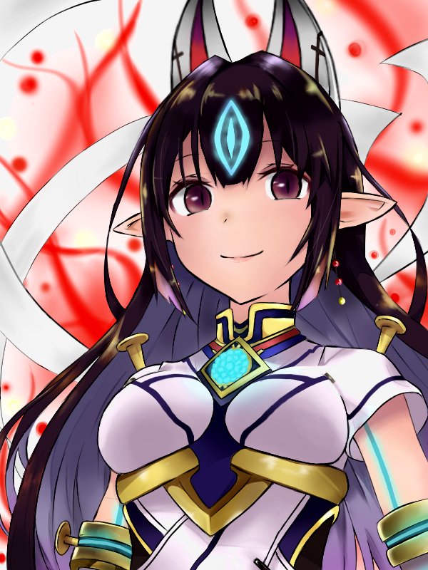 1girl, animal_ears, artist_request, black_hair, blush, japanese_clothes, kasane_(xenoblade_2), long_hair, looking_at_viewer, mask, red_eyes, simple_background, smile, solo, white_background, xenoblade, xenoblade_2
