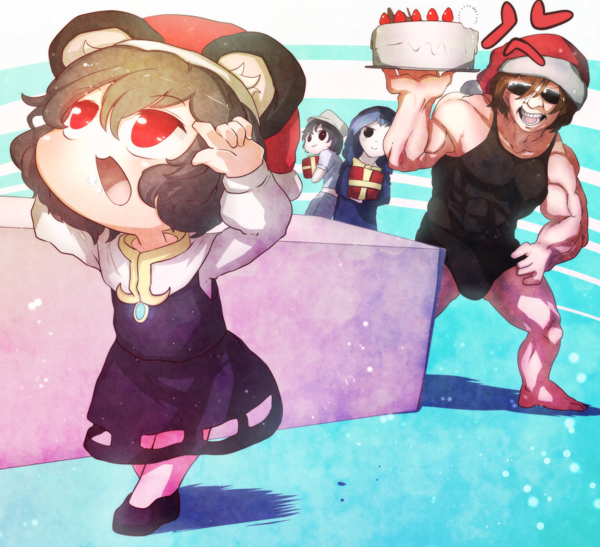 1boy, 3girls, absurdres, animal_ears, barefoot, black_eyes, black_hair, blue_hair