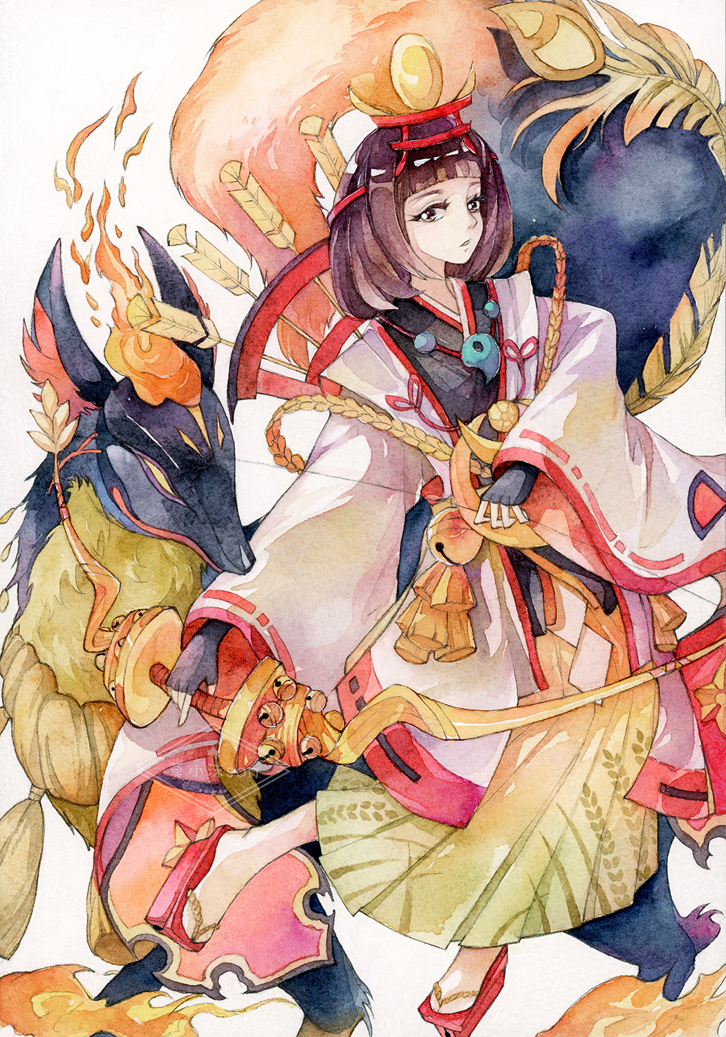 1girl, bell, bow_(weapon), brown_eyes, brown_hair, character_request, fox, geta