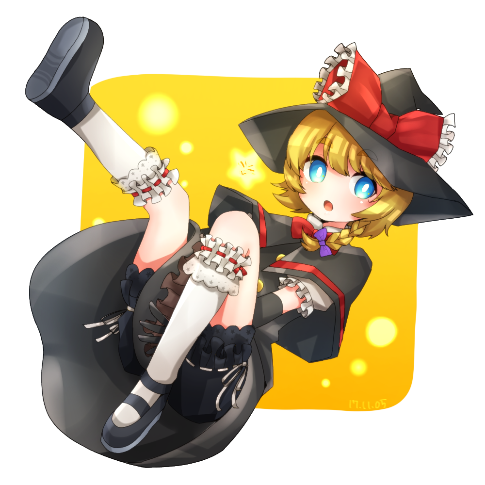 1girl, black_gloves, black_hat, blonde_hair, blue_eyes, blush, bow, braid