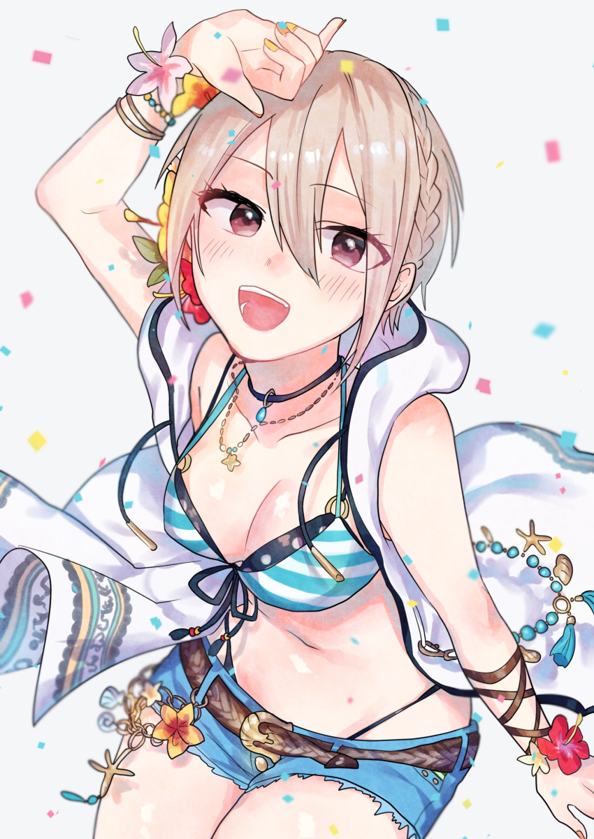 1girl, :d, arm_over_head, belt, bikini, bikini_under_clothes, black_eyes, blush