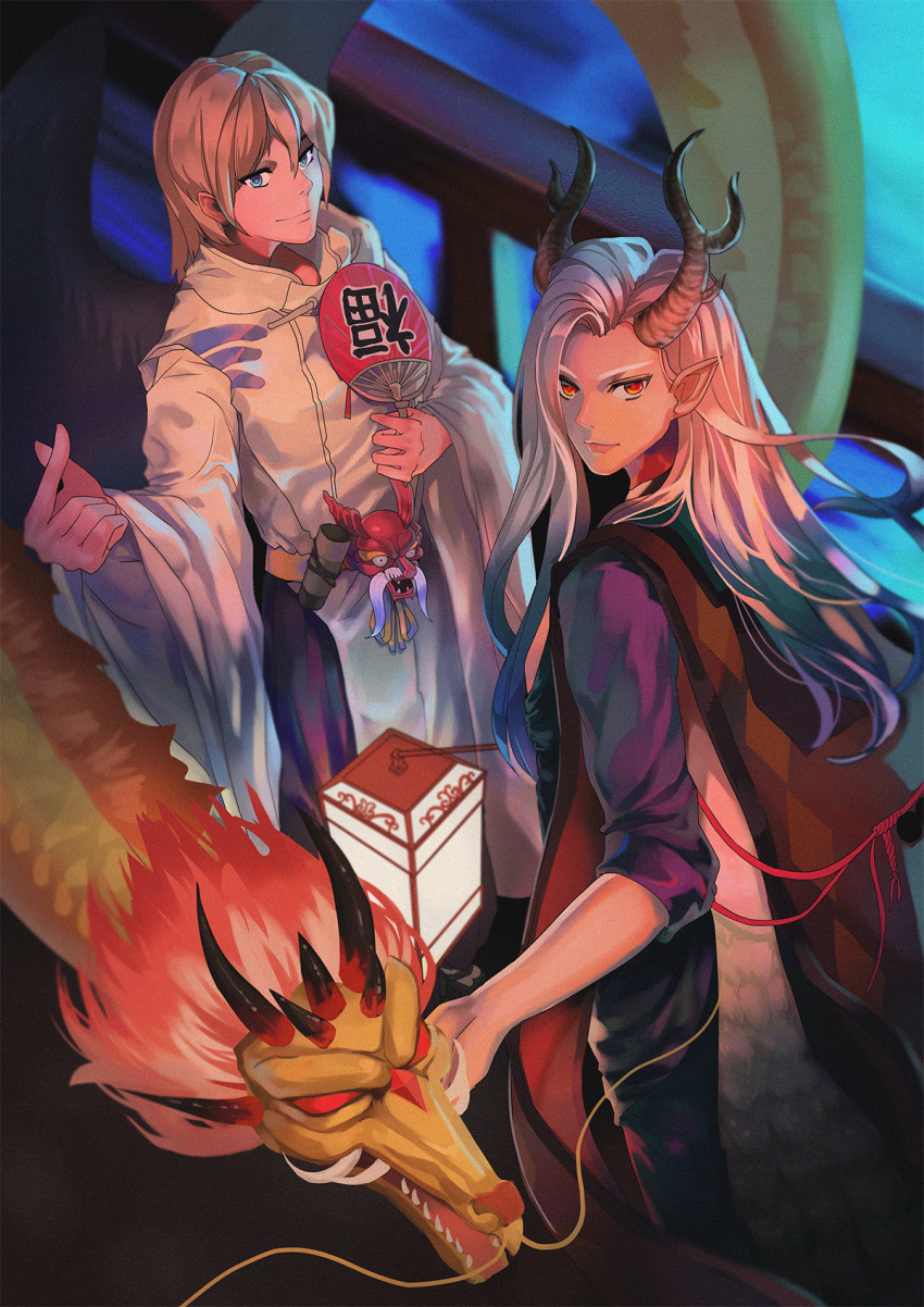 2boys, blonde_hair, blue_eyes, daitengu_(abo), dragon, fan, highres, holding