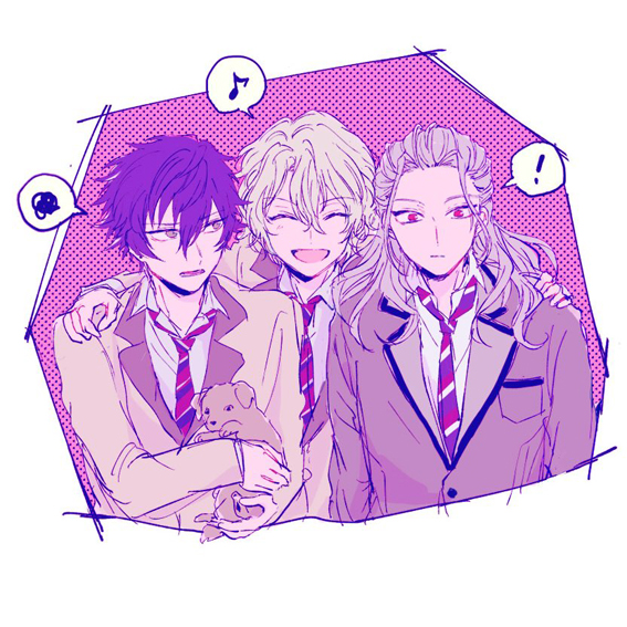 3boys, albino, bangs_pinned_back, blazer, blonde_hair, blue_eyes, blue_hair, dog