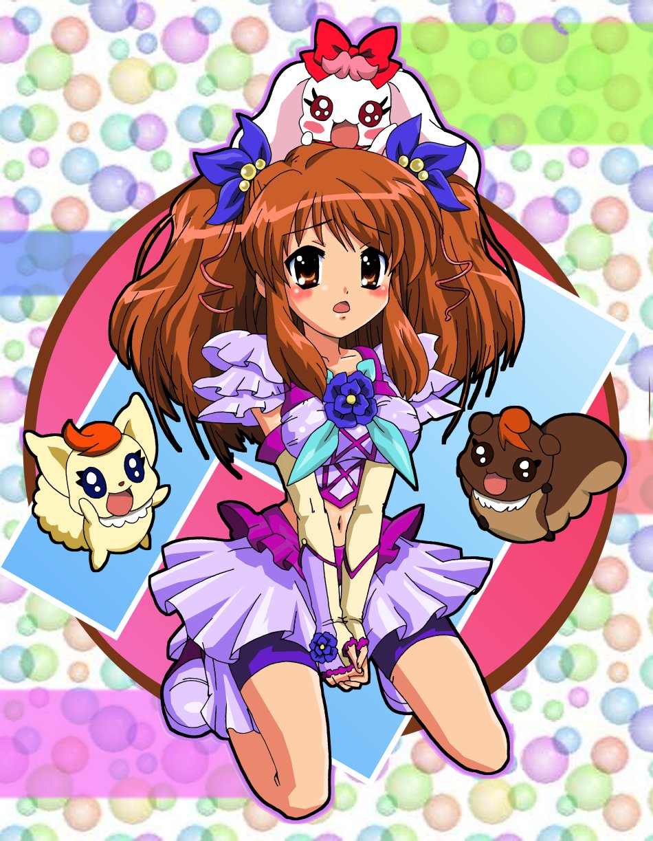 asahina_mikuru, bike_shorts, blush, brown_eyes, brown_hair, coco_(precure_5), cosplay, crossover