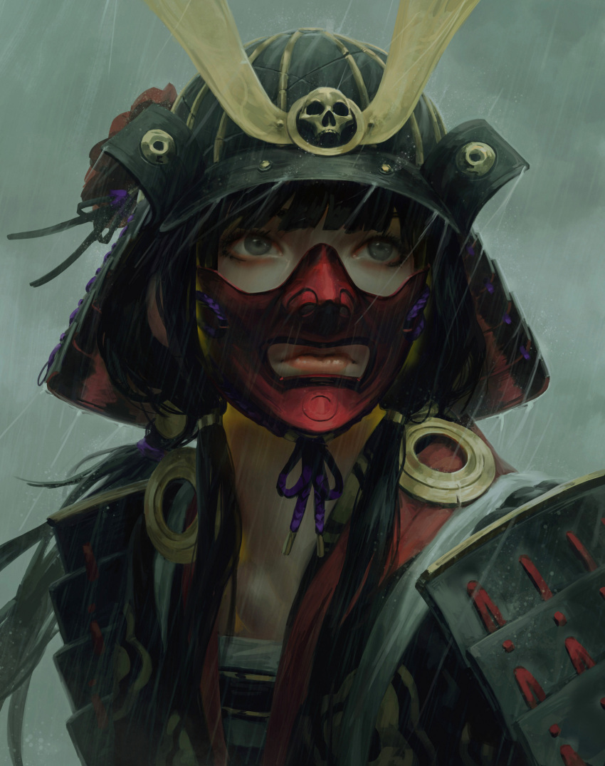 1girl, absurdres, armor, black_hair, closed_mouth, clouds, cloudy_sky, collarbone