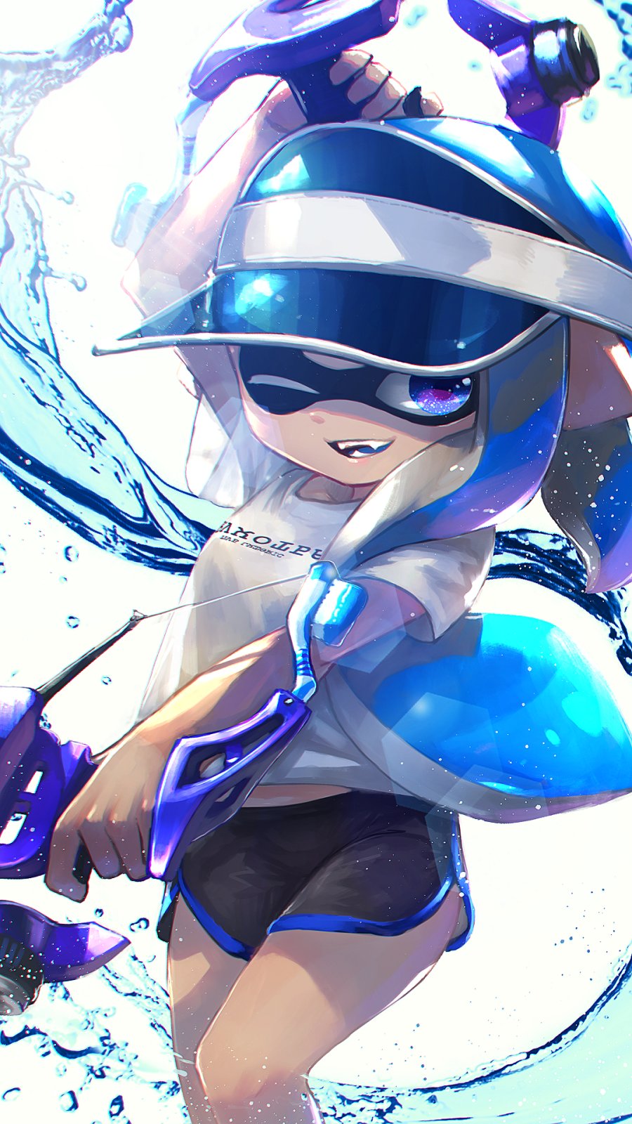 1girl, ;d, arm_up, black_shorts, blue_eyes, blue_hair, clothes_writing, commentary_request