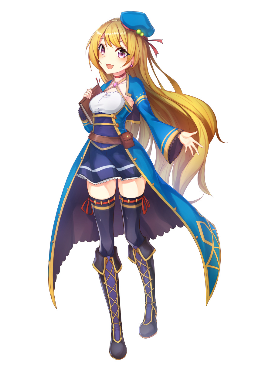 1girl, :d, absurdres, black_legwear, blonde_hair, blue_hat, book, boots