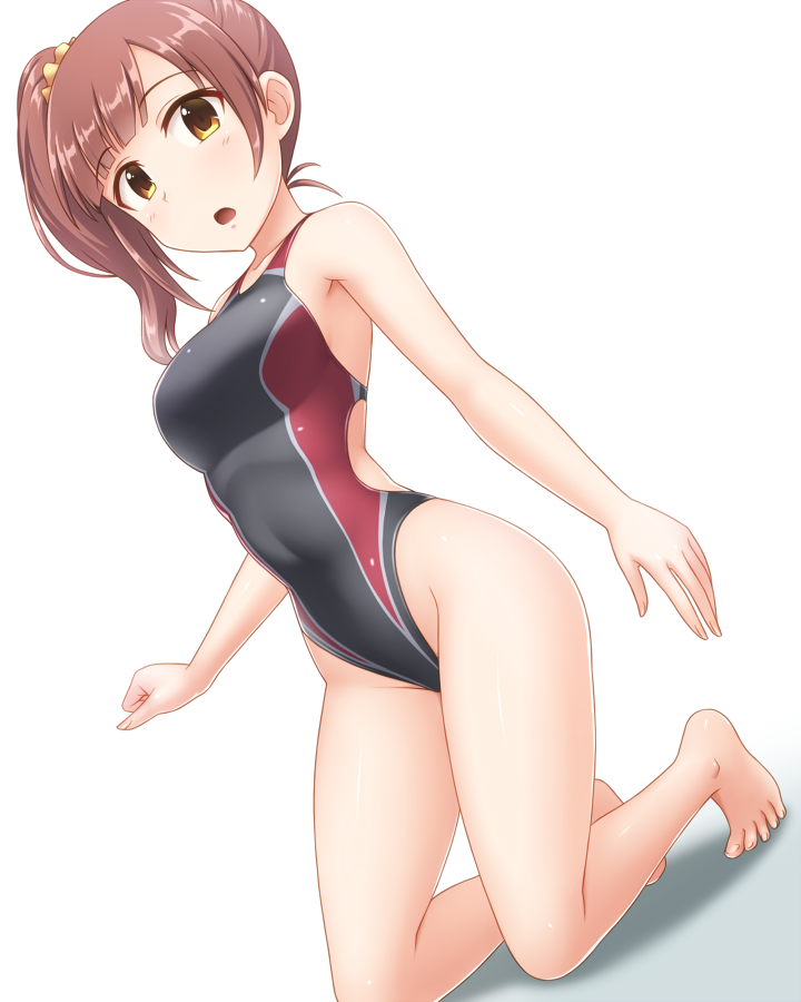 1girl, barefoot, black_swimsuit, brown_eyes, brown_hair, competition_swimsuit, dutch_angle, full_body