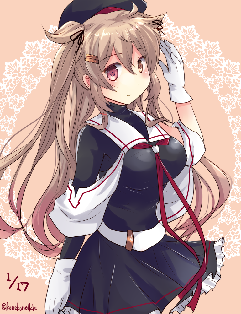 1girl, belt, beret, black_hat, black_serafuku, black_skirt, brown_eyes, cowboy_shot, dated, frilled_skirt, frills, gloves, hair_flaps, hair_ornament, hairclip, hat, heterochromia, hirune_(konekonelkk), kantai_collection, light_brown_hair, long_hair, looking_at_viewer, murasame_(kantai_collection), neck_ribbon, pink_background, pleated_skirt, red_eyes, red_ribbon, remodel_(kantai_collection), ribbon, sailor_collar, school_uniform, serafuku, skirt, solo, twitter_username, two_side_up, white_gloves, white_sailor_collar