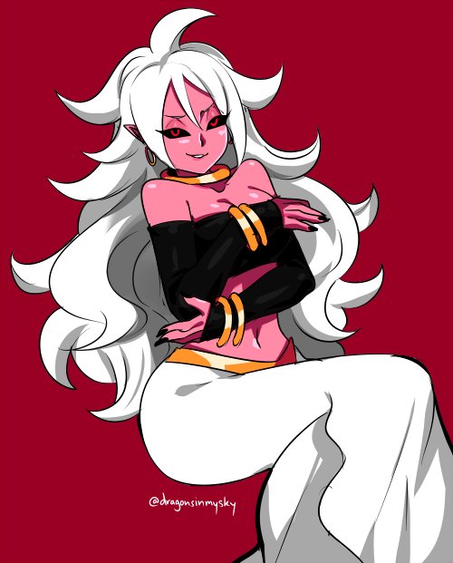 1girl, alternate_form, android_21, black_nails, black_sclera, bracelet, d-ryuu, dragon_ball, dragon_ball_fighterz, earrings, hoop_earrings, jewelry, looking_at_viewer, majin_android_21, midriff, monster_girl, nail_polish, navel, pink_skin, pointy_ears, red_background, red_eyes, smile, smirk, solo, spoilers, white_hair