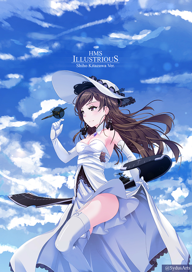 1girl, azur_lane, bare_shoulders, breasts, brown_eyes, brown_hair, cosplay, elbow_gloves