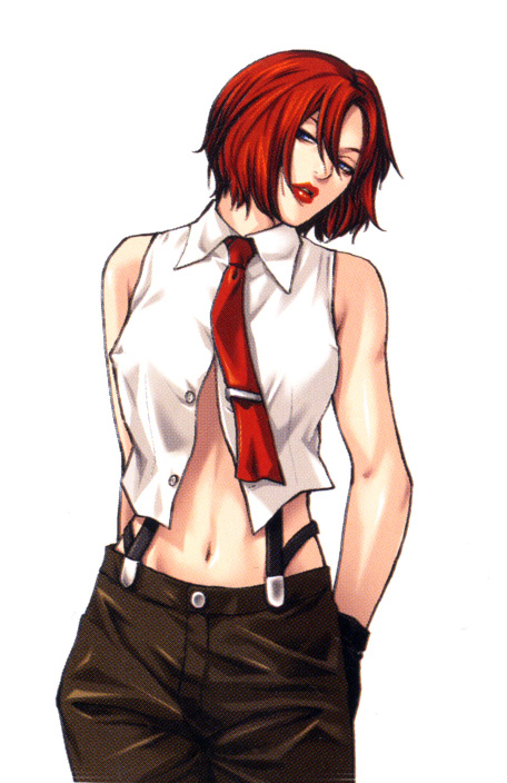 1girl, blue_eyes, gloves, head_tilt, king_of_fighters, king_of_fighters_neowave, lipstick, midriff