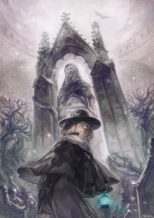 1boy, bandage, bandage_on_face, bloodborne, cat, father_gascoigne, hat, lamb