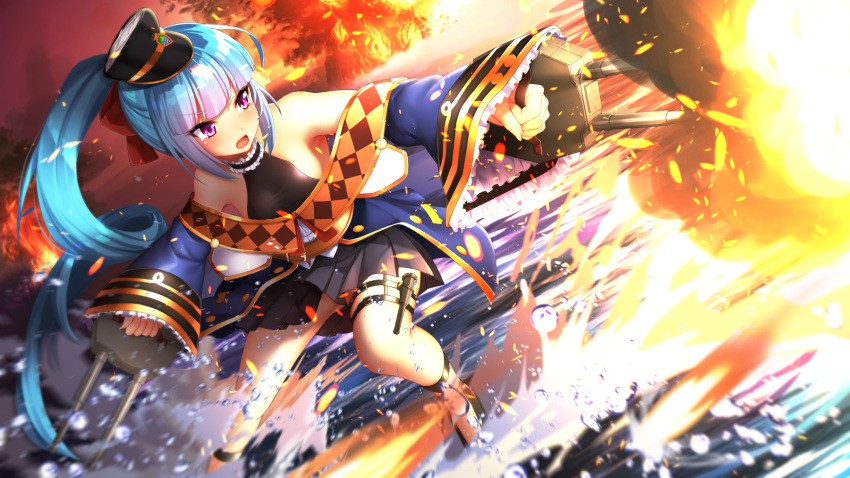 1girl, ajifurai, arethusa_(zhan_jian_shao_nyu), armpits, azur_lane, battle, blue_hair, cannon, explosion, fire, hair_ribbon, hat, highres, long_hair, looking_to_the_side, ocean, open_mouth, ponytail, ribbon, shoes, smoke, solo, tears, violet_eyes, weapon