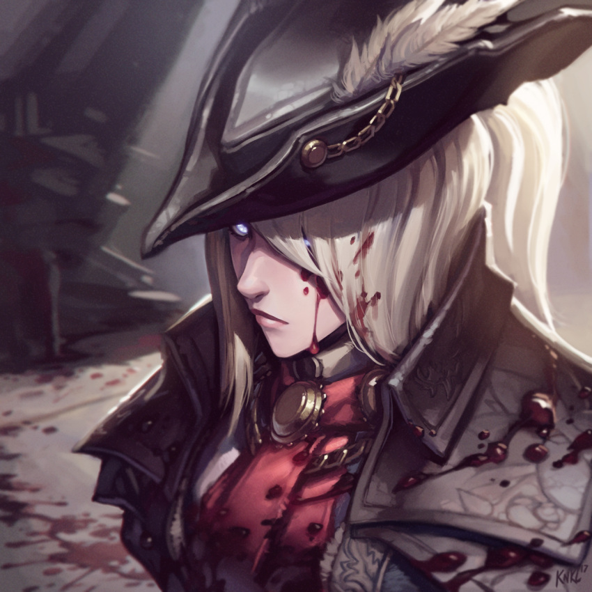 1girl, blonde_hair, blood, blood_on_face, bloodborne, blue_eyes, cravat, dark_souls