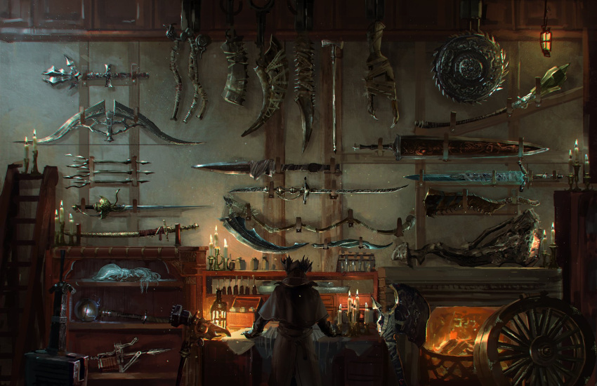 1boy, blades_of_mercy, bloodborne, bow_(weapon), candle, fireplace, gloves, hat