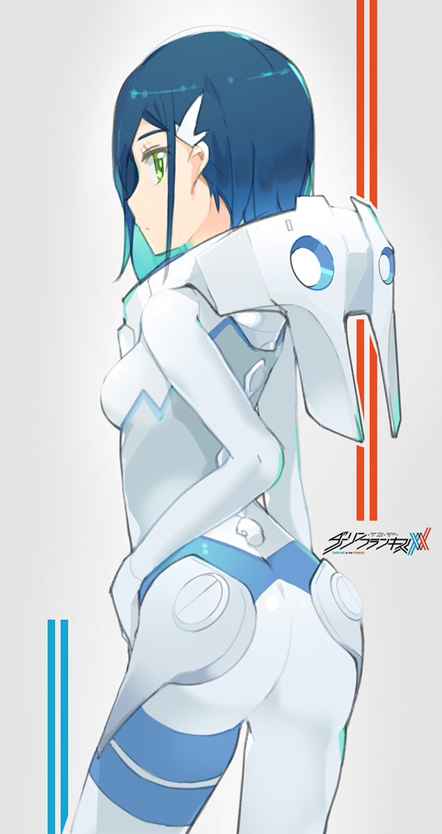 1girl, aosora_kamiya, ass, blue_hair, bodysuit, breasts, closed_mouth, copyright_name