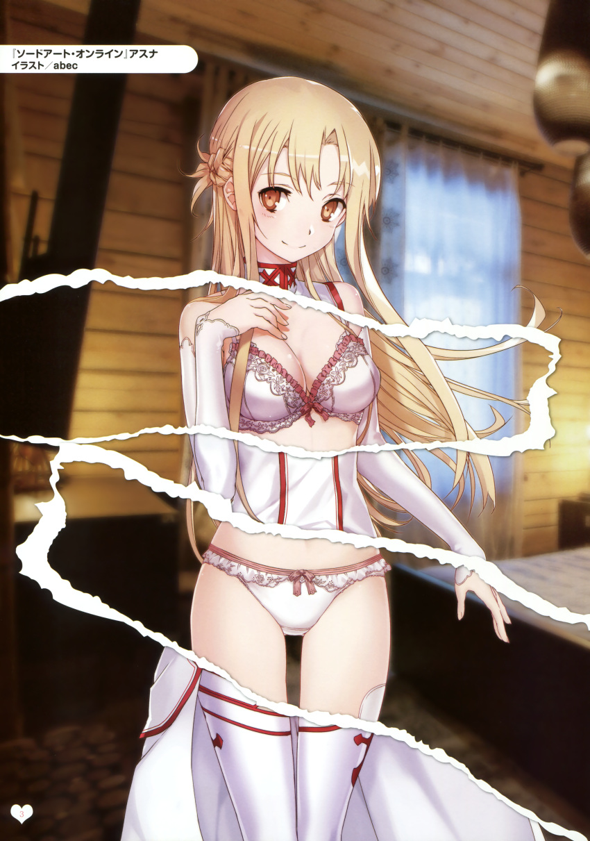 1girl, abec, absurdres, arm_at_side, asuna_(sao), bangs, bare_shoulders, bed, bedroom, blonde_hair, blurry, blush, bra, braid, breasts, brown_eyes, cleavage, closed_mouth, curtains, depth_of_field, detached_sleeves, floral_print, french_braid, frilled_bra, frills, hand_on_own_chest, heart, highres, indoors, lingerie, long_hair, long_sleeves, medium_breasts, page_number, page_tear, panties, scan, shiny, shiny_hair, sleeves_past_wrists, smile, solo, sword_art_online, tareme, thigh-highs, underwear, white_bra, white_legwear, white_panties, window, wooden_ceiling, wooden_wall, x-ray_vision, yuuki_asuna