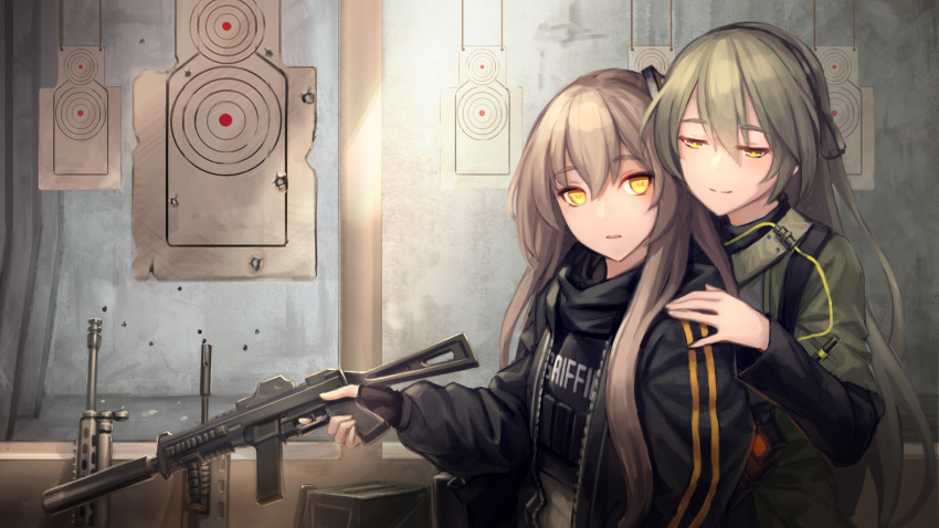 2girls, bangs, black_gloves, black_hairband, black_jacket, black_scarf, brown_hair, bullet_hole