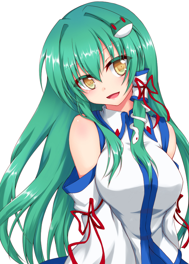 1girl, bare_shoulders, breasts, commentary_request, detached_sleeves, eyebrows_visible_through_hair, frog_hair_ornament, green_eyes