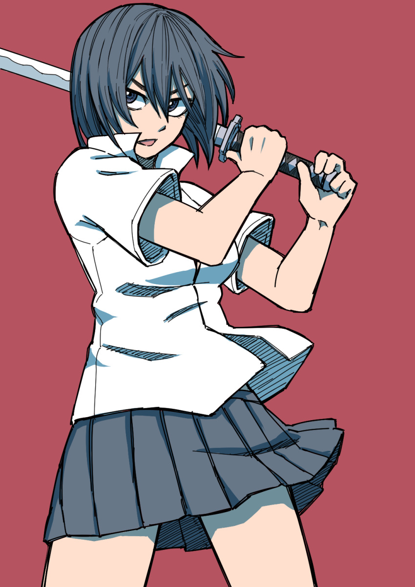 1girl, black_hair, cowboy_shot, highres, katana, miniskirt, open_mouth, original