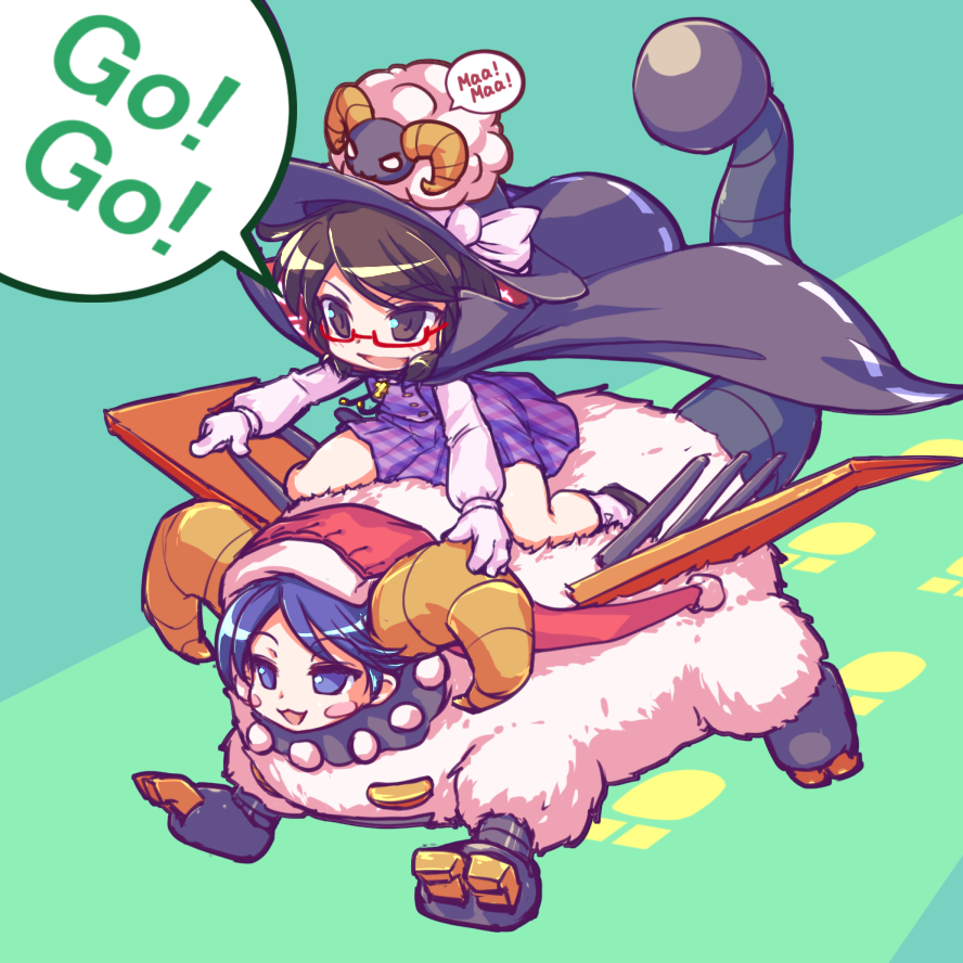 2girls, :3, black_hat, blue_eyes, blue_hair, blush_stickers, bow, brown_eyes