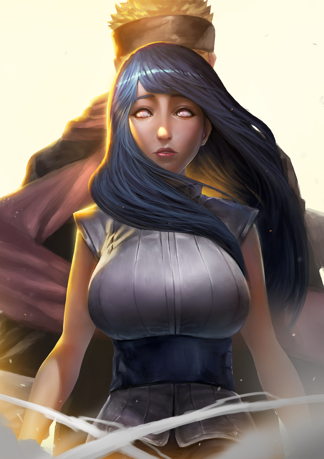 1boy, 1girl, back-to-back, black_hair, blonde_hair, blurry, breasts, depth_of_field