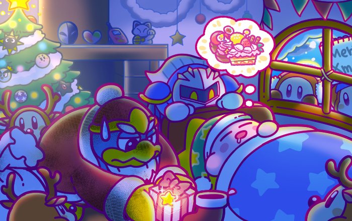 2boys, animal_costume, armor, beanie, bird, blanket, blush_stickers, cake, cellphone, chimney, christmas, christmas_tree, commentary_request, creature, dirty, drooling, earmuffs, fake_antlers, fake_beard, fake_nose, food, gift, gordo, hal_laboratory_inc., hat, hoshi_no_kirby, king_dedede, kirby, kirby_(series), maneki-neko, super_mario_bros., meta_knight, multiple_boys, nightcap, nightmare_orb, nintendo, no_humans, notepad, official_art, ornament, penguin, phanto, phone, pink_puff_ball, prince_fluff, reindeer_costume, sack, santa_costume, sleeping, soot, star, star_print, super_mario_bros._2, sweatdrop, tinsel, waddle_dee