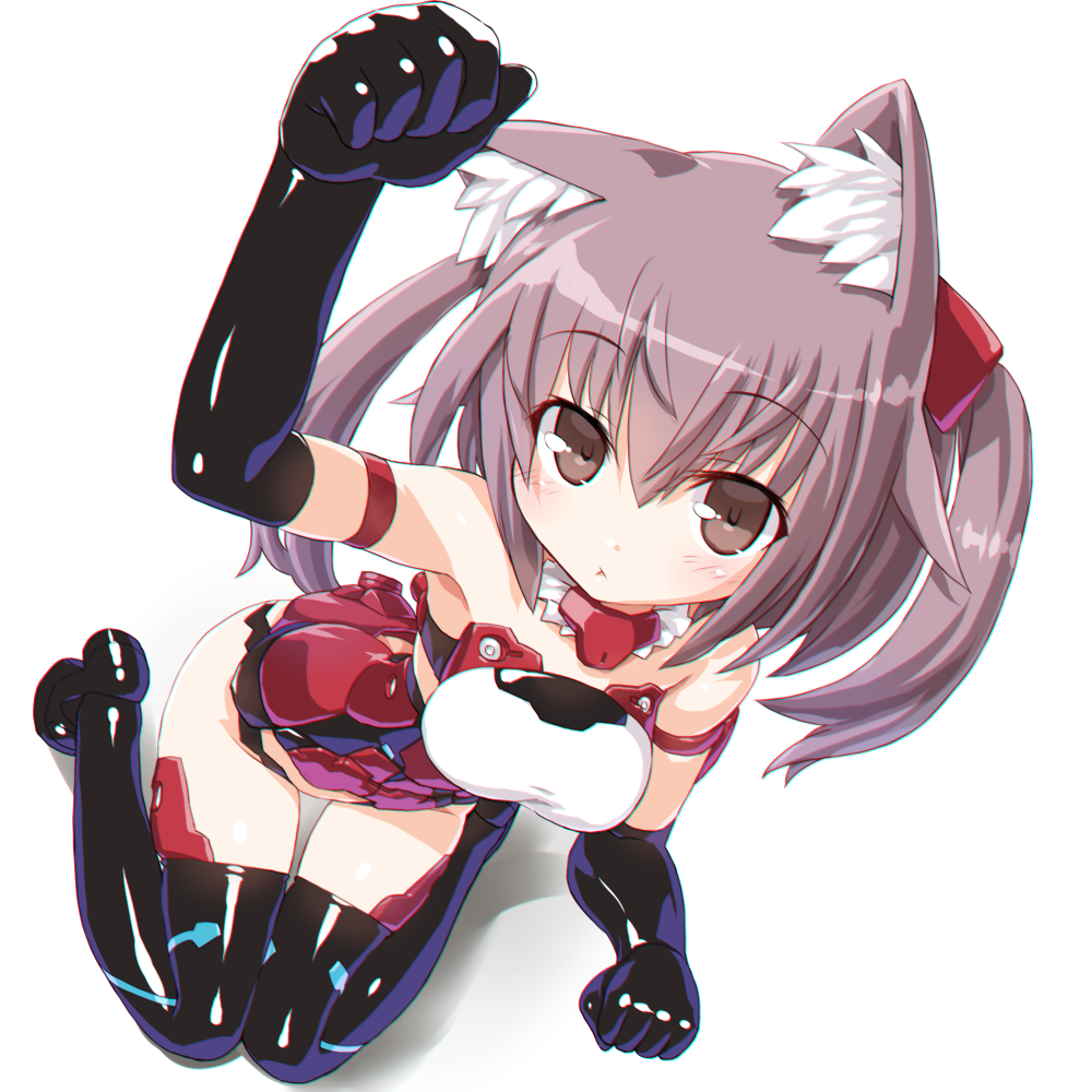 1girl, animal_ears, bangs, bare_shoulders, blush, breasts, cat_ears, dd_(ijigendd), detached_collar, elbow_gloves, eyebrows_visible_through_hair, frame_arms_girl, gloves, headgear, innocentia, long_hair, looking_at_viewer, solo, thigh-highs, twintails, white_background
