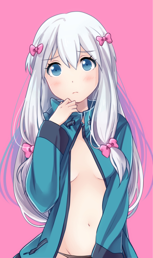 1girl, black_panties, blue_eyes, blush, bow, breasts, breasts_apart, closed_mouth, eromanga_sensei, eyebrows_visible_through_hair, frown, green_jacket, groin, hair_between_eyes, hair_bow, head_tilt, izumi_sagiri, jacket, long_hair, long_sleeves, looking_away, medium_breasts, nao_(doublexdutch), navel, open_clothes, open_jacket, panties, pink_background, pink_bow, silver_hair, solo, underwear, very_long_hair