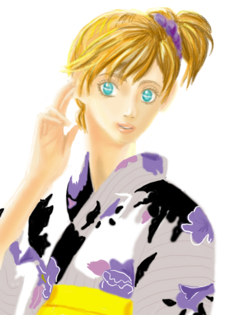 hoshino_mami, japanese_clothes, kasumi_(pokemon), kimono, orange_hair, pokemon, short_hair, side_ponytail, simple_background, solo, white_background