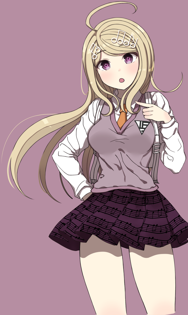 1girl, ahoge, akamatsu_kaede, black_skirt, blonde_hair, blush, breasts, dangan_ronpa