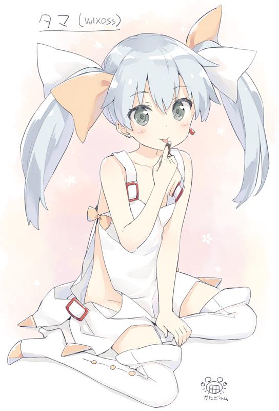 1girl, :p, apron, bare_arms, bare_shoulders, blue_hair, blush, boots