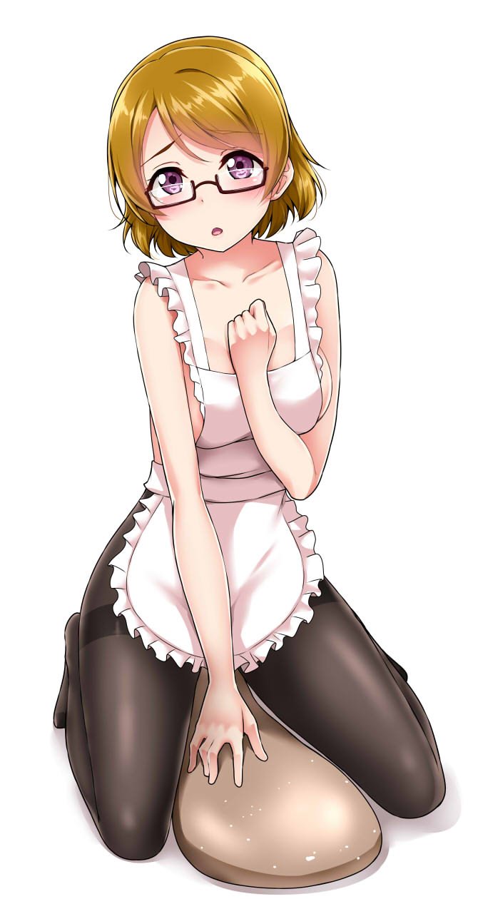 1girl, :o, \||/, apron, between_legs, black_legwear, blush, brown_hair, clenched_hand, collarbone, commentary_request, frilled_apron, frills, glasses, hand_between_legs, highres, kneeling, koizumi_hanayo, looking_at_viewer, love_live!, love_live!_school_idol_project, nearly_naked_apron, oversized_object, pantyhose, rice_spoon, semi-rimless_eyewear, short_hair, simple_background, solo, thighband_pantyhose, under-rim_eyewear, violet_eyes, white_background, yopparai_oni