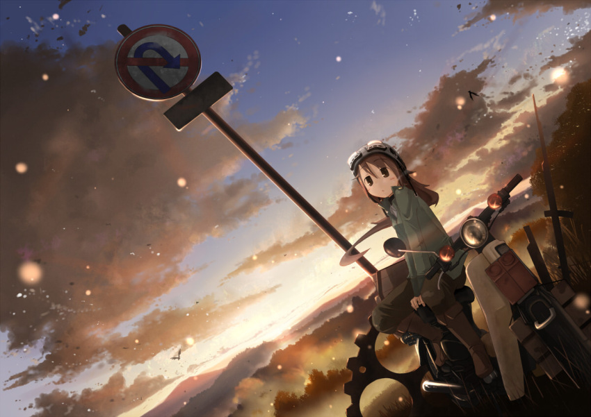 bicycle, brown_eyes, brown_hair, cloud, clouds, dutch_angle, gears, helmet