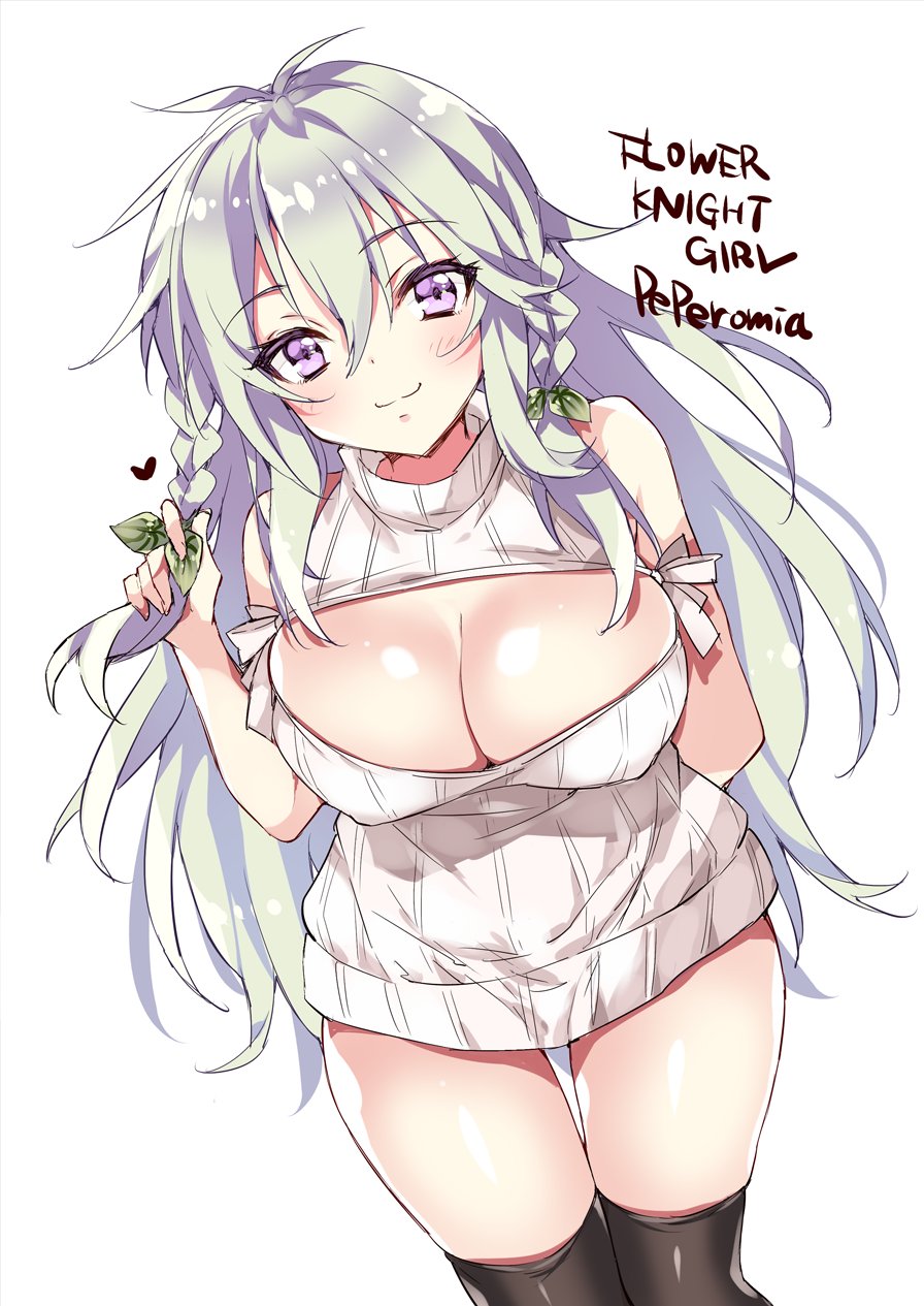 1girl, anapom, arm_behind_back, black_legwear, braid, breasts, character_name, cleavage