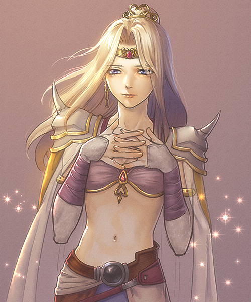 1girl, armor, blonde_hair, blue_eyes, breasts, bridal_gauntlets, cape, circlet, crown, crying, earrings, final_fantasy, final_fantasy_iv, jewelry, long_hair, ponytail, rosa_farrell, shoulder_pads, solo, tears, uboar