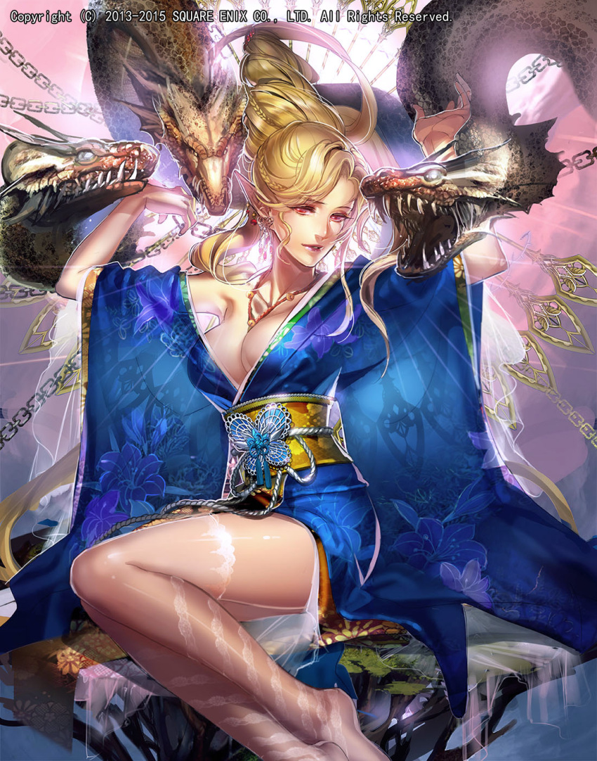1girl, bangs, bare_shoulders, blonde_hair, blue_kimono, breasts, earrings, emperors_saga