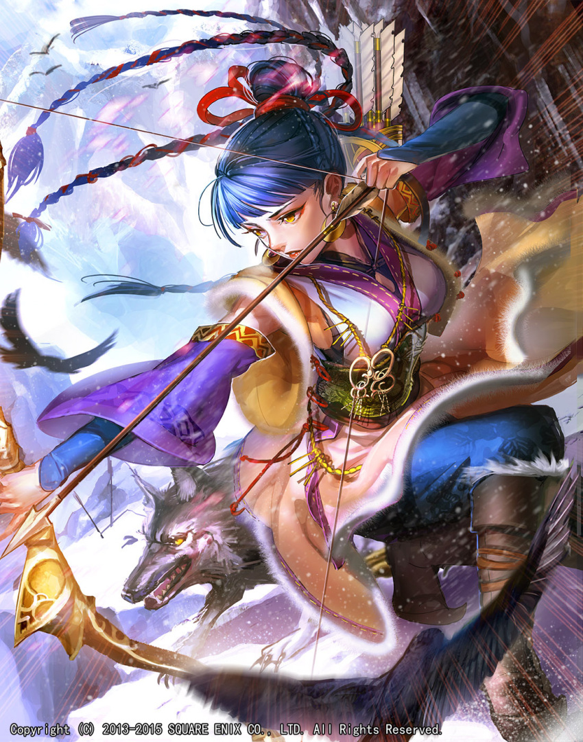 1girl, aiming, arrow, bangs, bird, blue_hair, blunt_bangs, boots