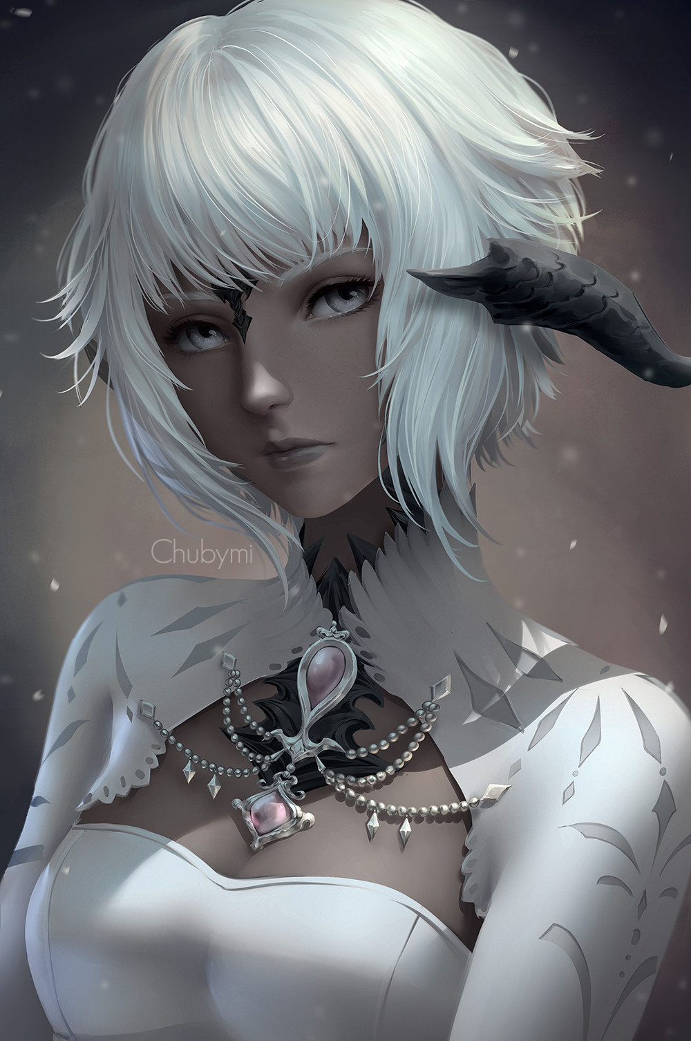 1girl, artist_name, au_ra, breasts, chuby_mi, cleavage, cleavage_cutout, closed_mouth