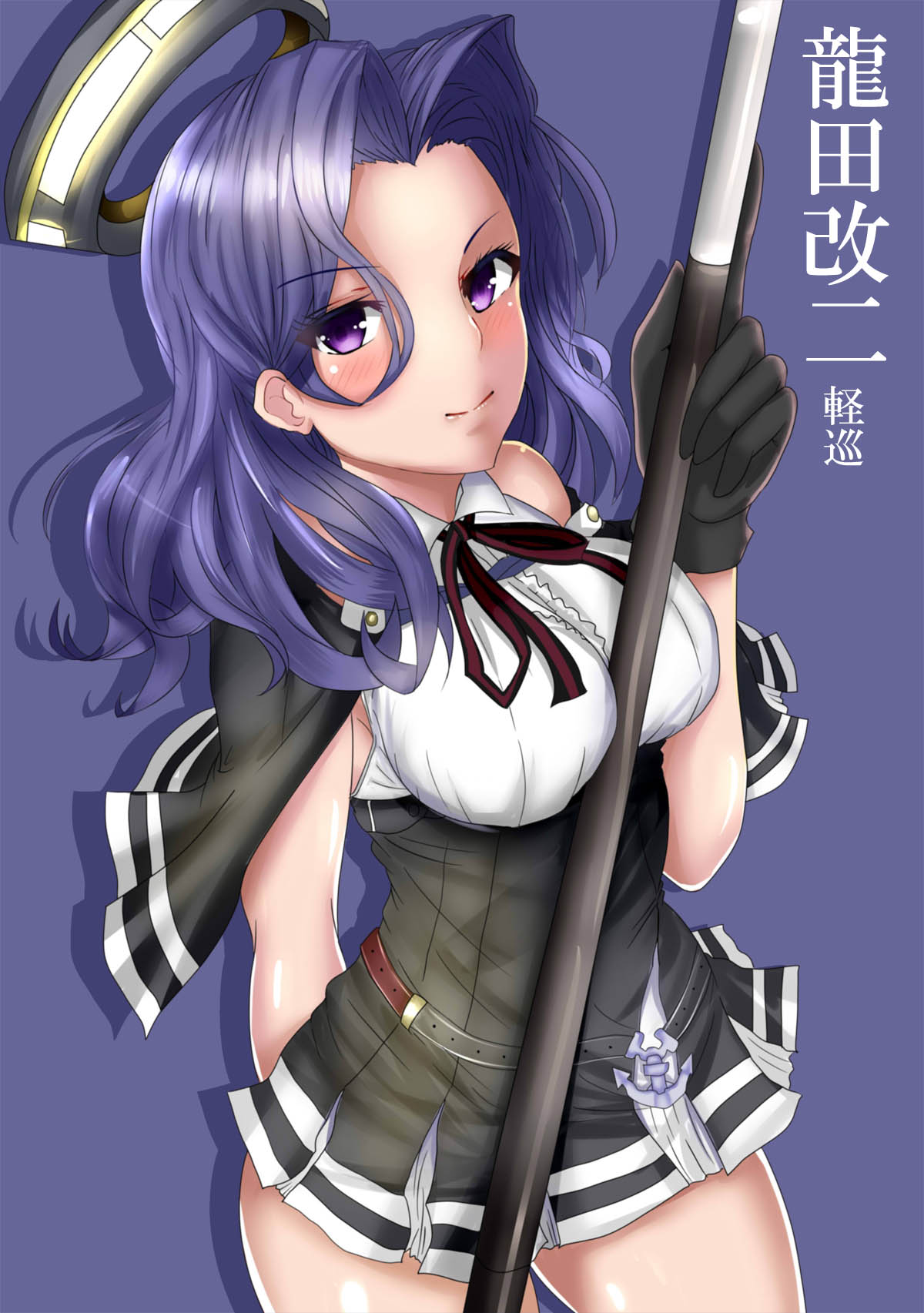 1girl, anchor, belt, black_dress, black_gloves, breasts, capelet, character_name, cowboy_shot, dress, fire_maxs, glaive, gloves, hair_between_eyes, hair_intakes, headgear, highres, kantai_collection, looking_at_viewer, mechanical_halo, medium_breasts, medium_hair, purple_background, purple_hair, remodel_(kantai_collection), simple_background, smile, solo, tatsuta_(kantai_collection), violet_eyes