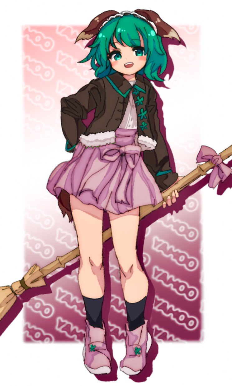 1girl, adapted_costume, ameyu_(rapon), animal_ears, arm_at_side, bamboo_broom, bare_legs, black_jacket, black_legwear, blush_stickers, broom, full_body, green_eyes, green_hair, high-waist_skirt, highres, holding, jacket, kasodani_kyouko, looking_at_viewer, miniskirt, pink_footwear, pink_skirt, shoes, skirt, smile, socks, solo, standing, tail, touhou