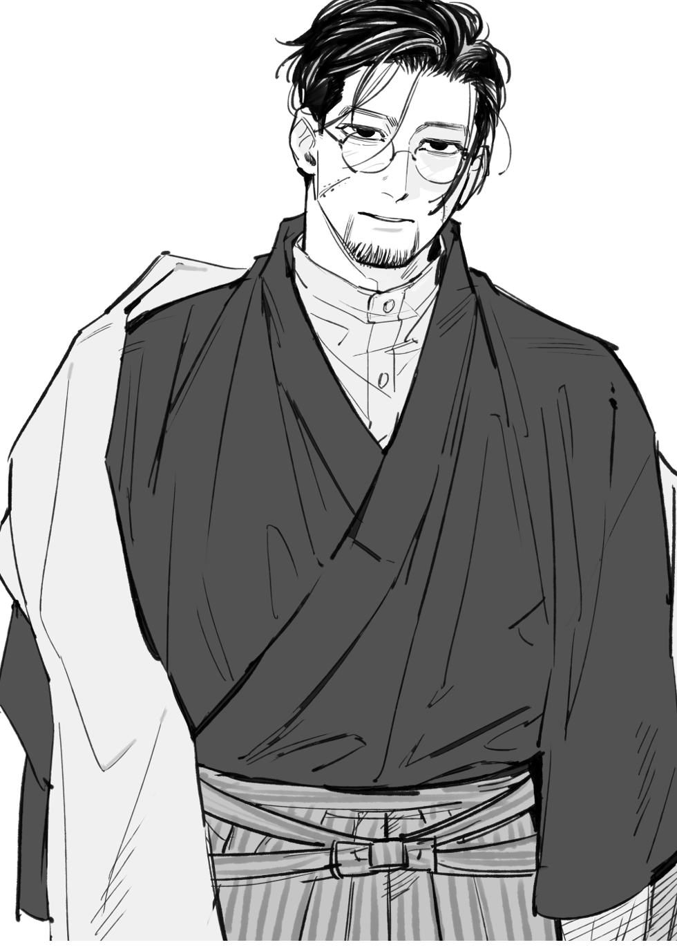 1boy, alternate_costume, black_hair, facial_hair, facial_scar, glasses, golden_kamuy, greyscale, hakama, highres, japanese_clothes, male_focus, messy_hair, monochrome, ogata_hyakunosuke, scar, scar_on_cheek, sennin_(inoinox), solo