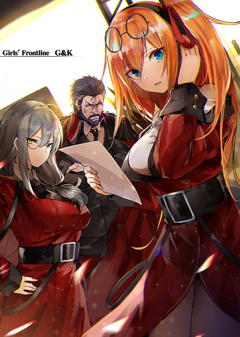 1boy, 2girls, ahoge, arm_up, bangs, beard, belt, berezovich_kryuger_(girls_frontline)