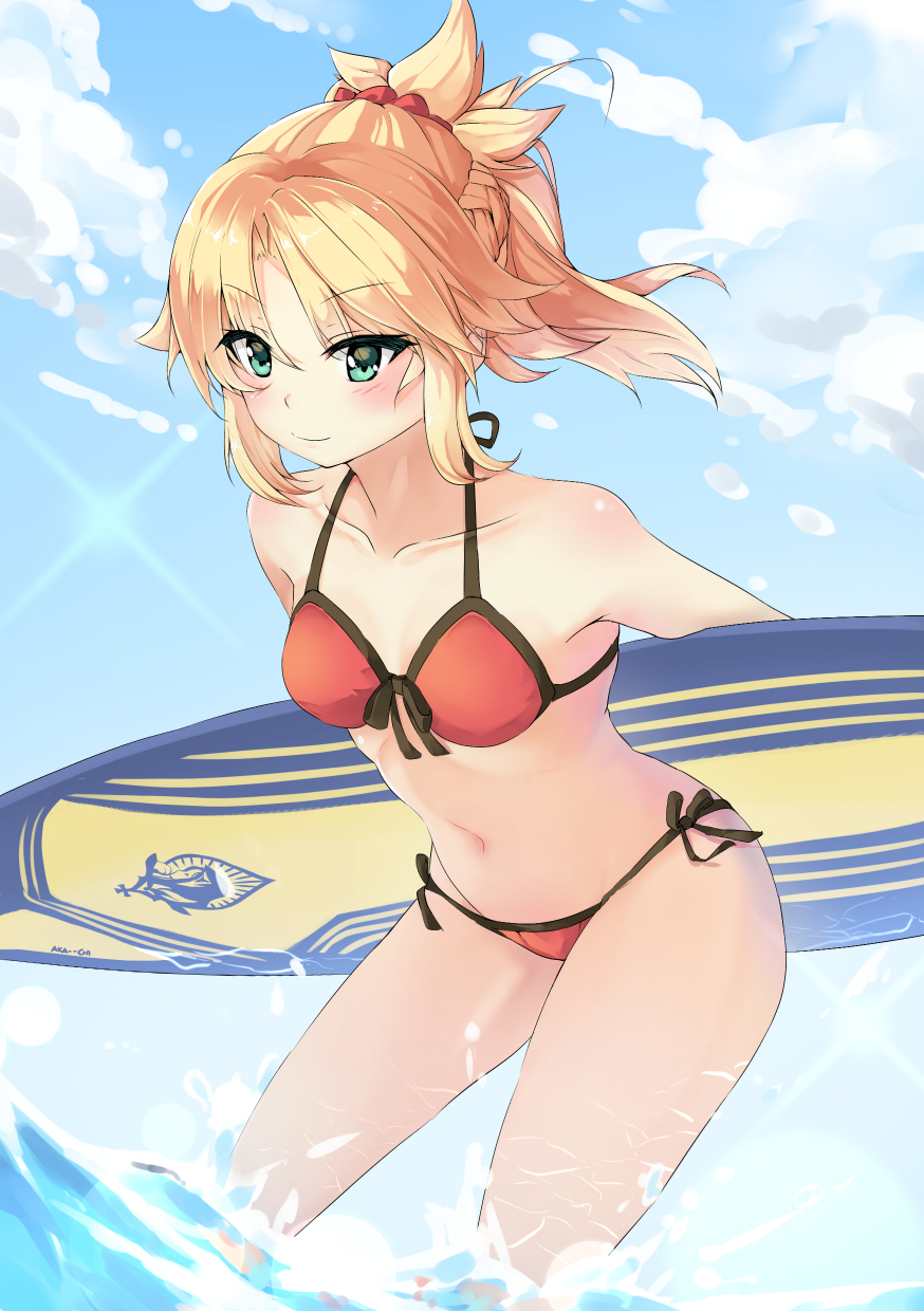 1girl, aka--chi, aqua_eyes, artist_name, bikini, blonde_hair, blue_sky, blush