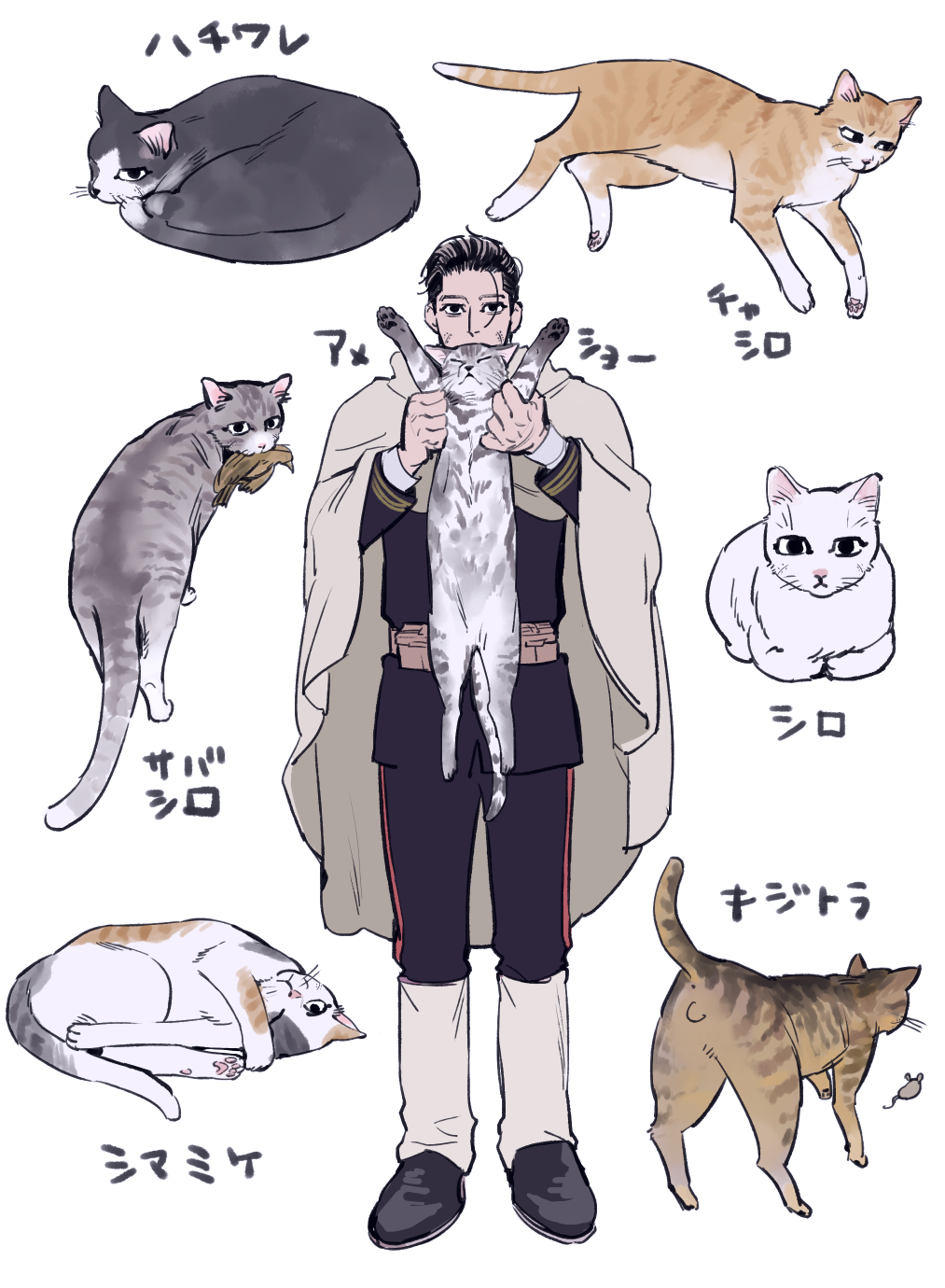 1boy, animal, black_eyes, black_hair, cape, cat, facial_scar, golden_kamuy