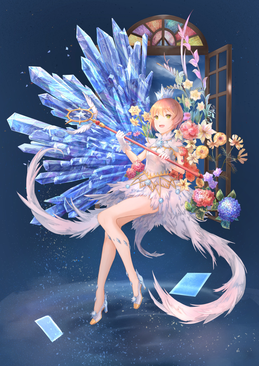 1girl, absurdres, antenna_hair, bangs, brown_hair, card_captor_sakura, clear_card, crown, dress, full_body, gloves, green_eyes, highres, holding, hua_shi_mang, kinomoto_sakura, looking_at_viewer, magical_girl, short_hair, smile, solo, thighs, wand, white_gloves, wings, yume_no_tsue